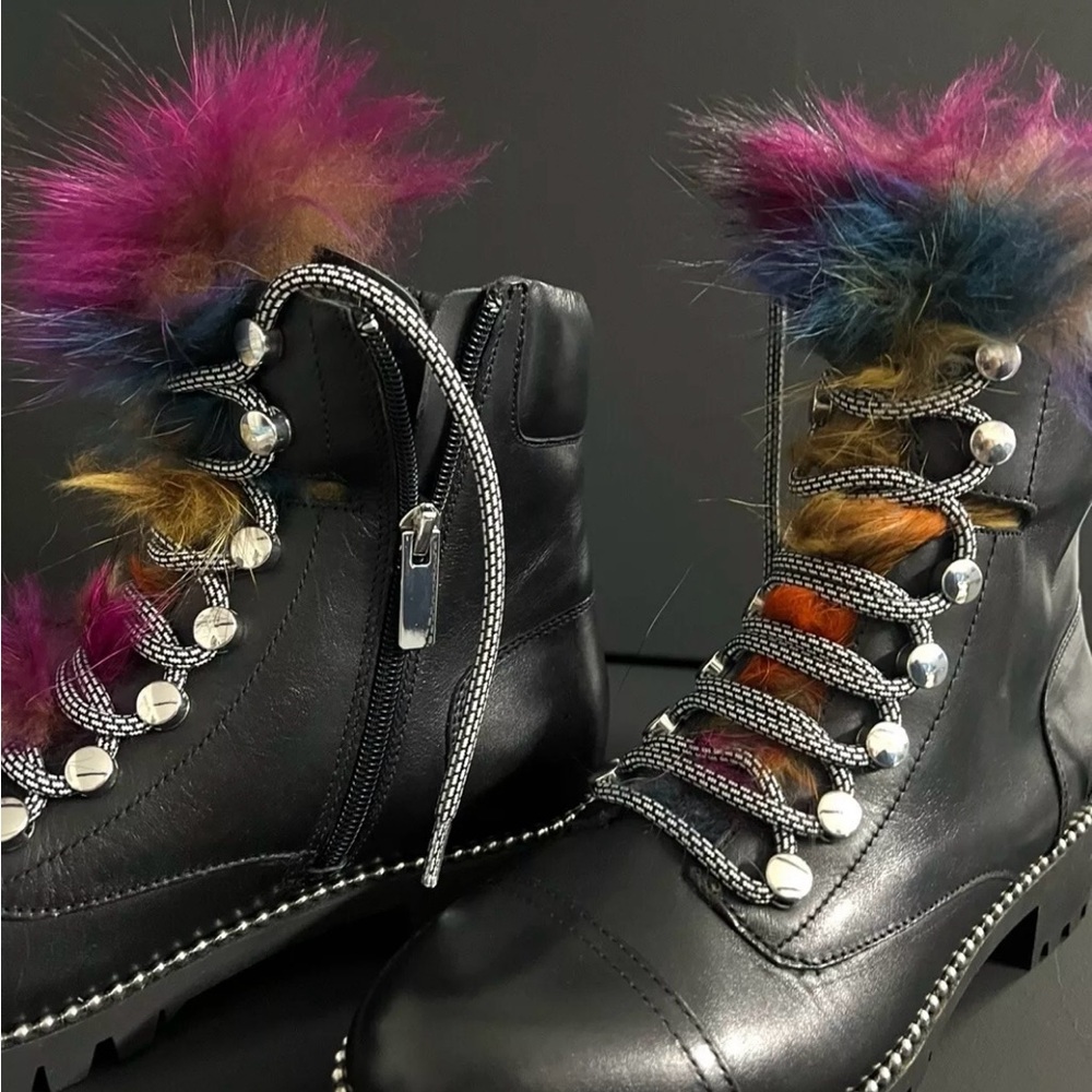 Women's Black Leather Boots with Multicolor Fur Trim